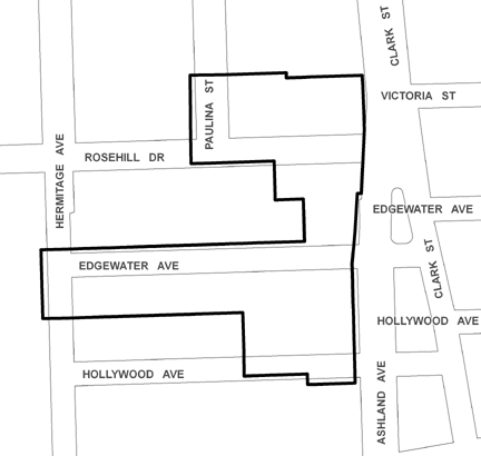 Edgewater/Ashland TIF district, roughly bounded on the north by Victoria Street, Hollywood Avenue on the south, Ashland Avenue on the east, and Hermitage Avenue on the west.